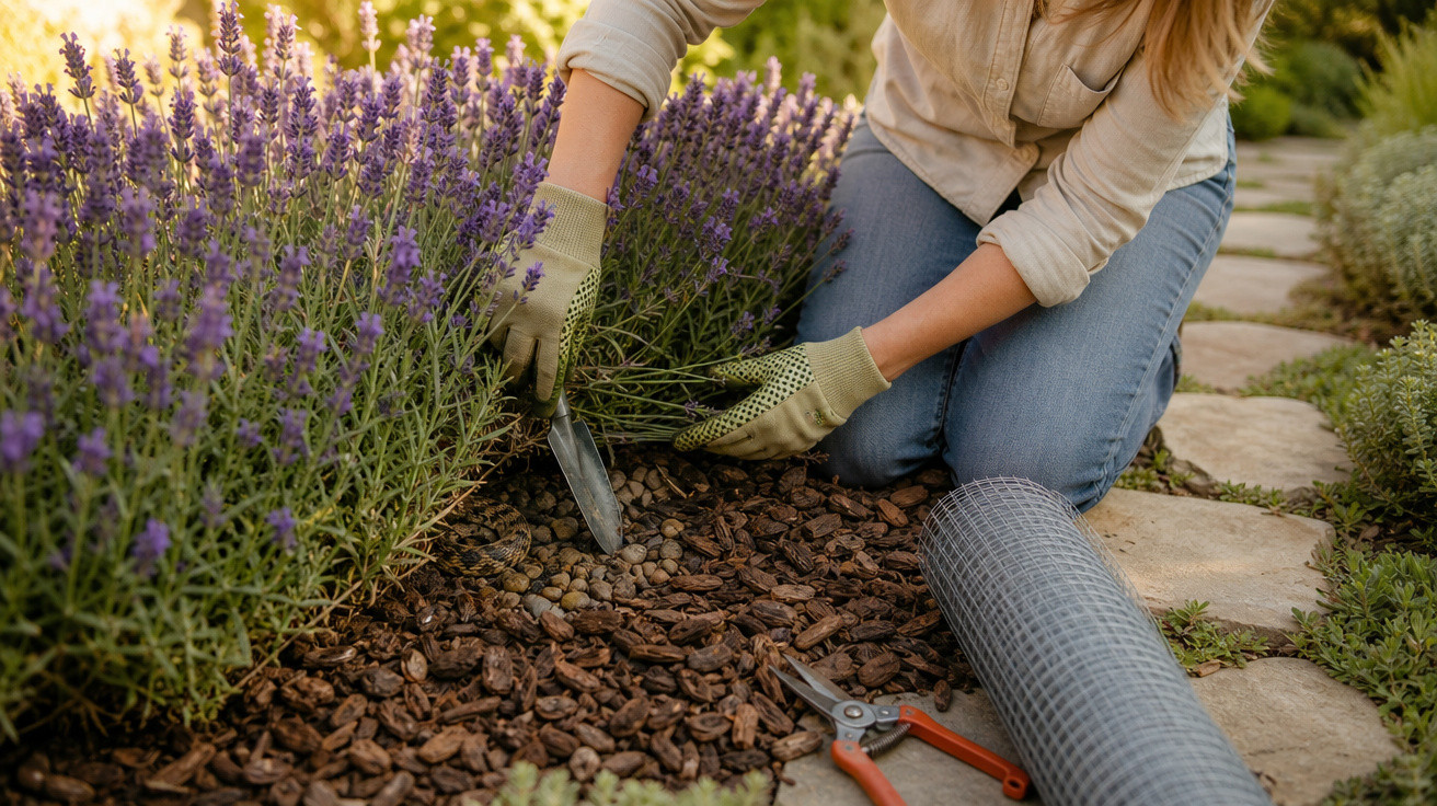 Pessoa a plantar ou podar flores de lavanda num jardim com luvas e ferramentas de jardinagem.