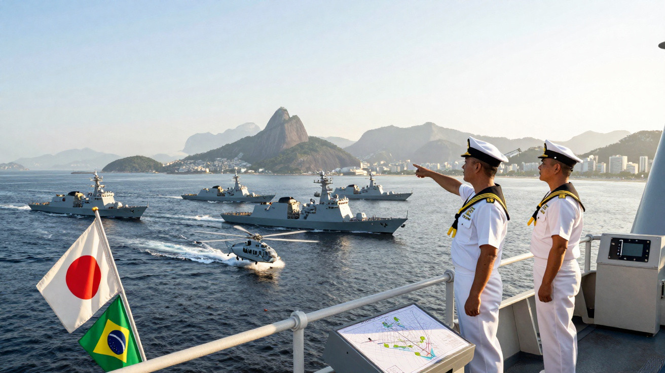 Dois marinheiros observam quatro navios e um helicóptero na baía com montanhas ao fundo ao entardecer.