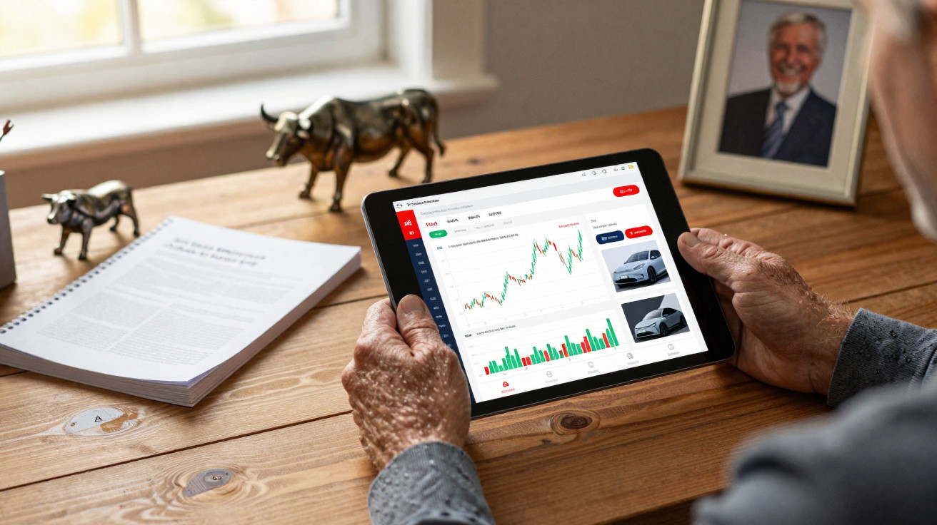 Pessoa idosa a analisar gráficos financeiros num tablet numa mesa de madeira com objetos decorativos.