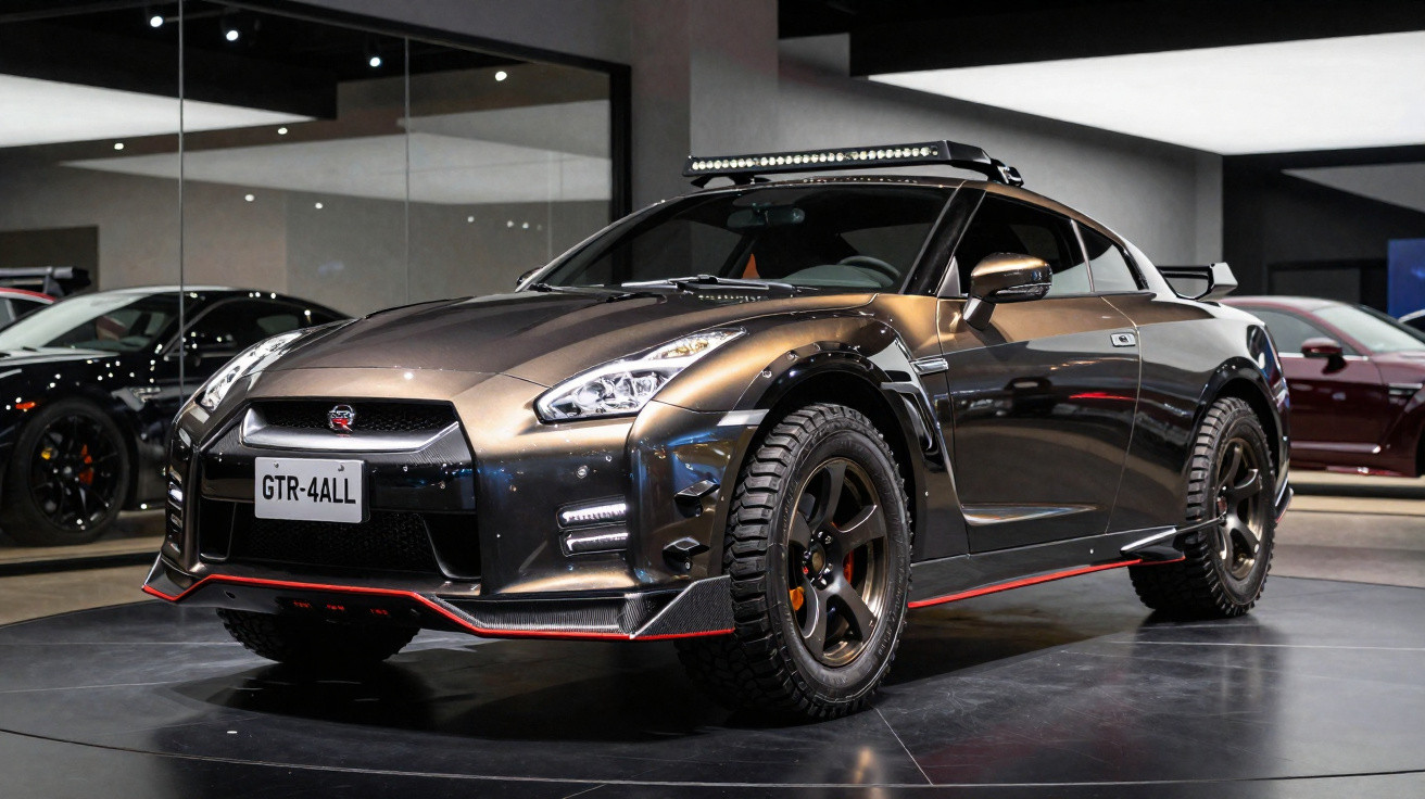 Carro desportivo Nissan GT-R cinza escuro com luz de teto, mostrado num salão automóvel moderno.