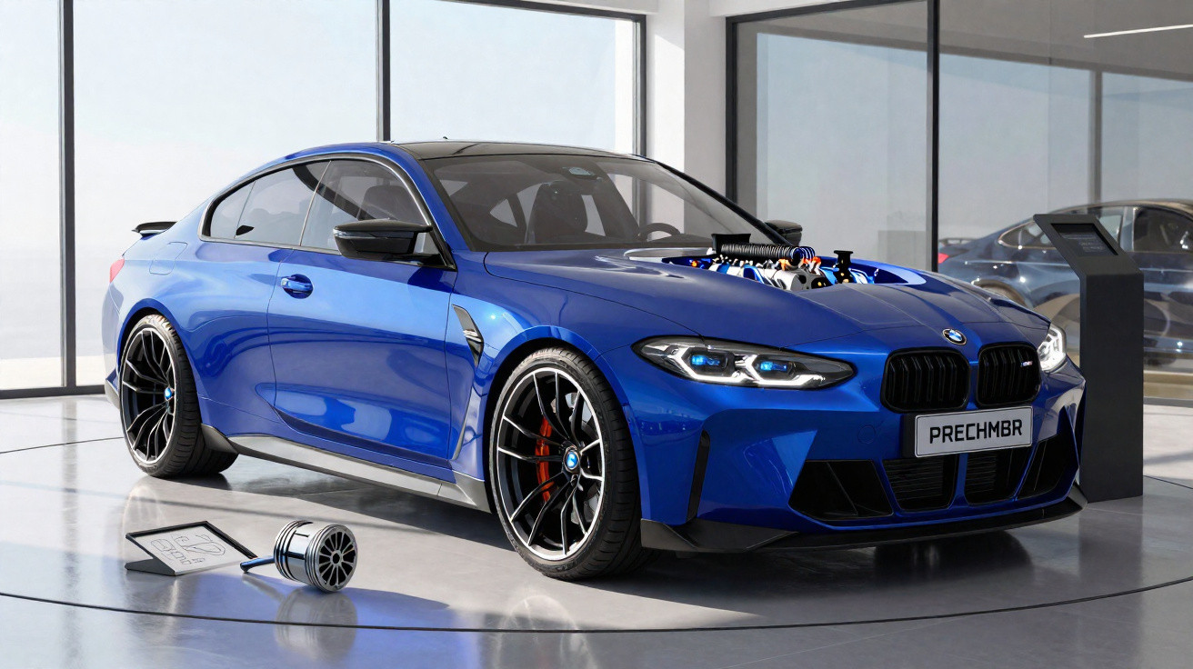 Carro desportivo azul BMW estacionado em espaço interior moderno com cromados e faróis LED.