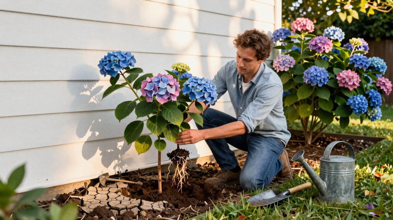 Homem a plantar uma azáleia azul e rosa no jardim junto a uma parede branca, com regador e pá na relva.