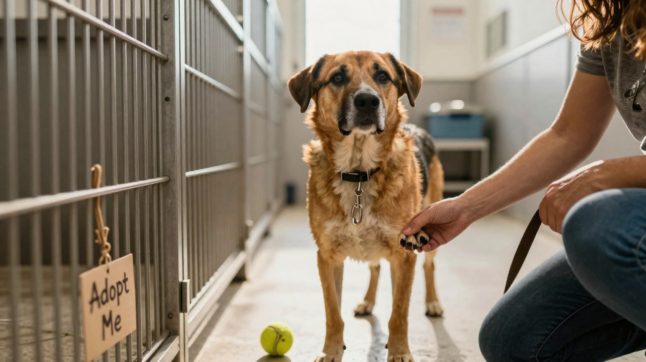 Cão numa plataforma de adoção a dar a pata a uma pessoa enquadrado por uma placa "Adopt Me".