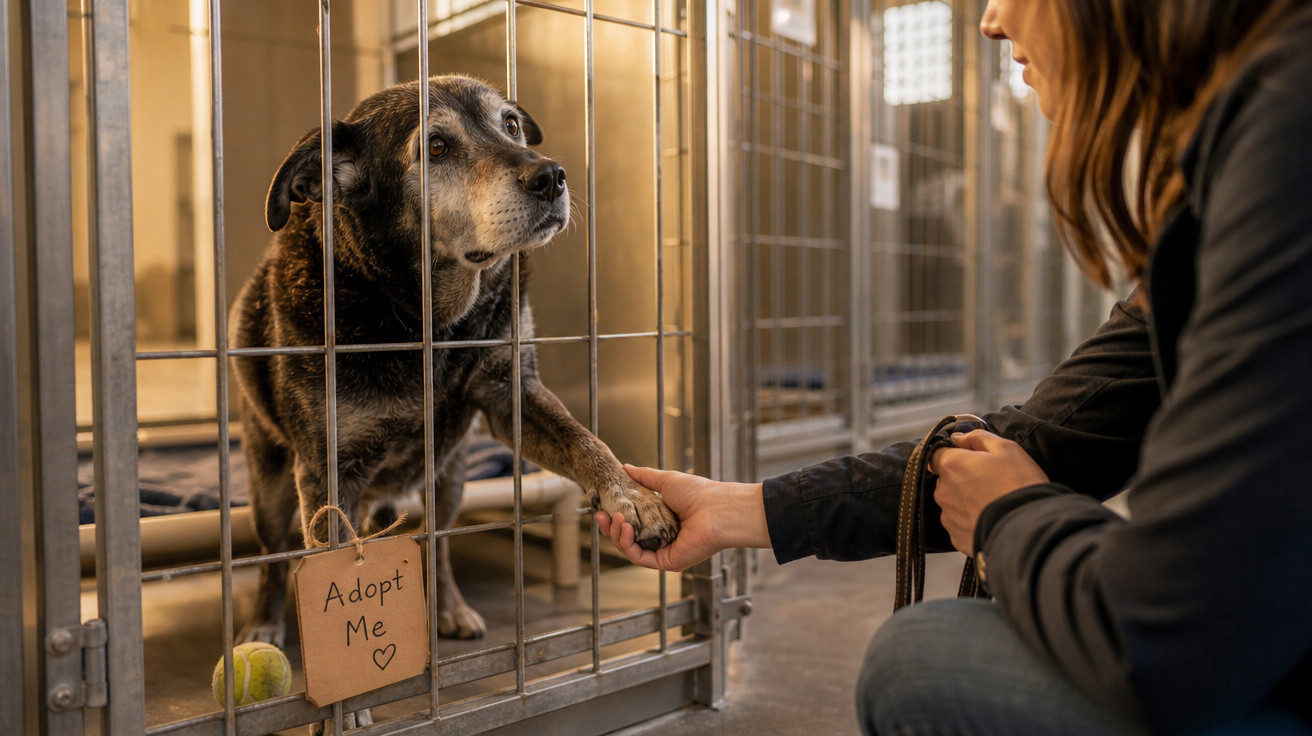 Cão dentro de um canil a dar a pata a uma pessoa, com placa com os dizeres "Adopt Me".