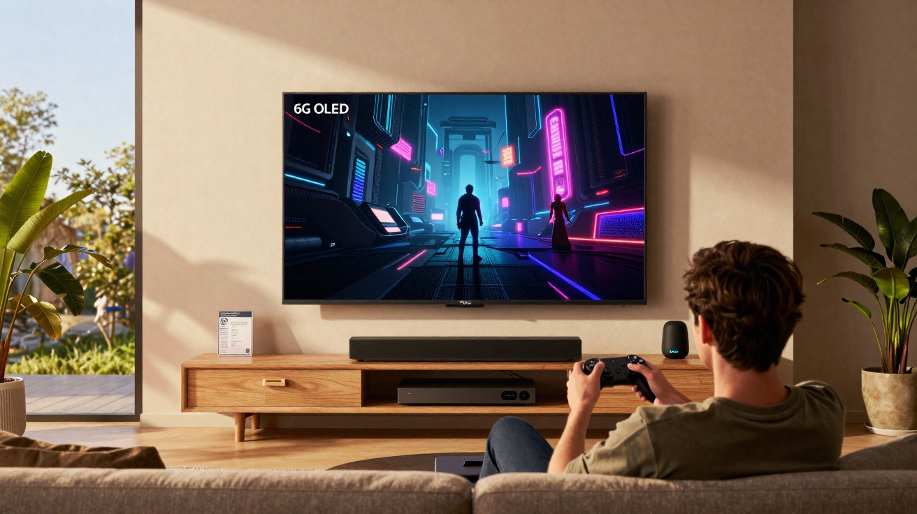 Pessoa sentada num sofá a jogar videojogos numa televisão 6G OLED num ambiente moderno de sala de estar.