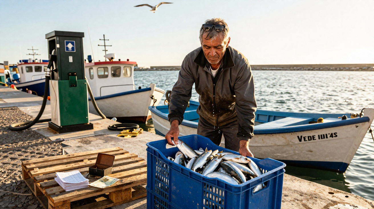Pescador a organizar sardinhas numa caixa azul no cais junto a barcos de pesca e gaivota ao fundo.