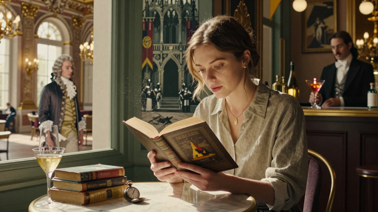 Mulher sentada a ler um livro num café clássico com livros e relógio de bolso sobre a mesa.