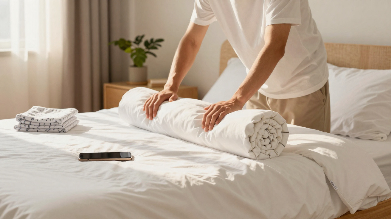 Pessoa a enrolar edredão branco numa cama arrumada com telefone e roupa dobrada ao lado.