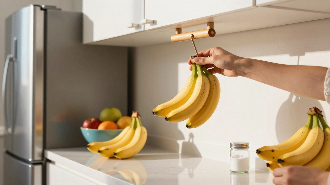 Mãos a pendurar cacho de bananas num suporte de madeira numa cozinha moderna com frutas no balcão.