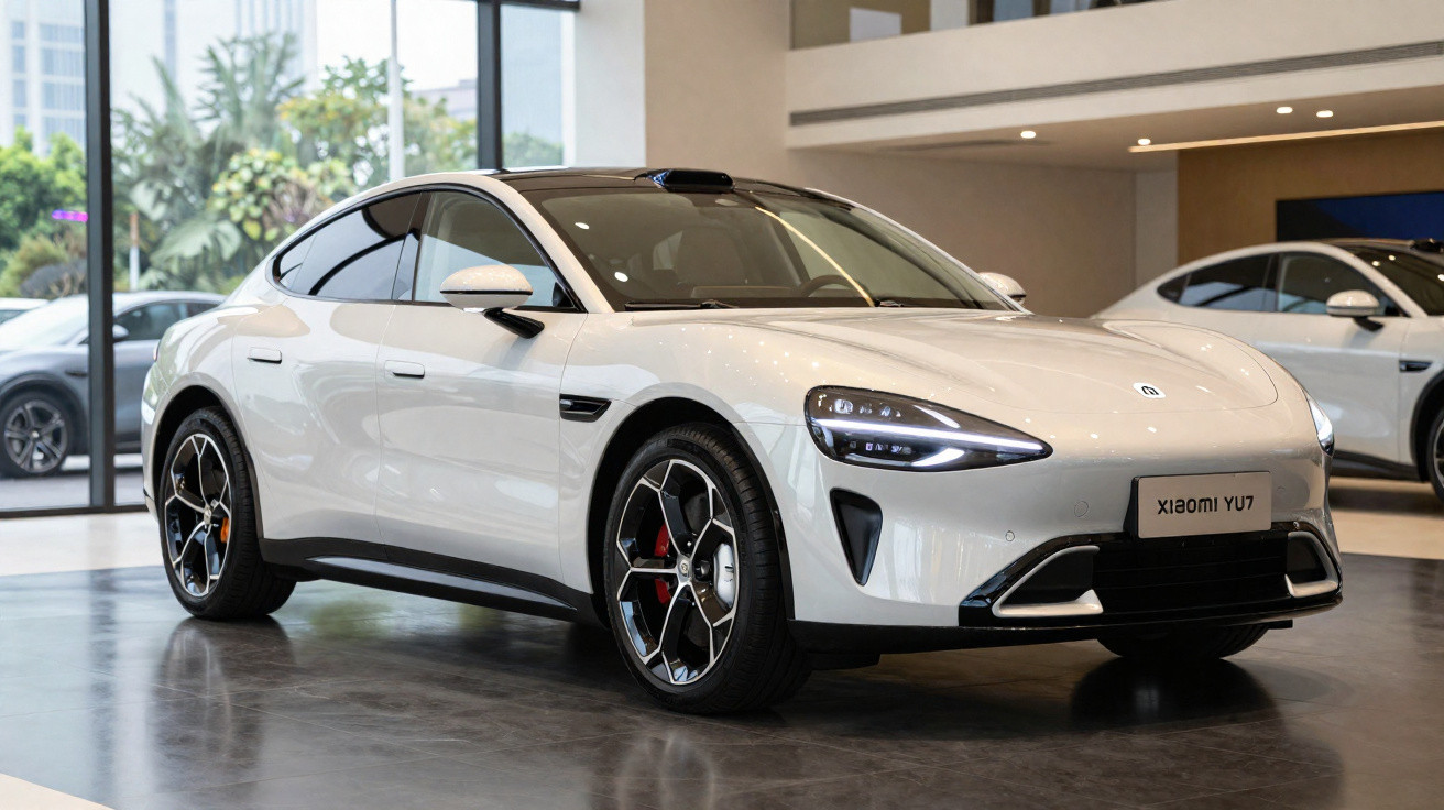 Carro desportivo elétrico branco Xiaomi YU7 estacionado em showroom moderno com janelas amplas.