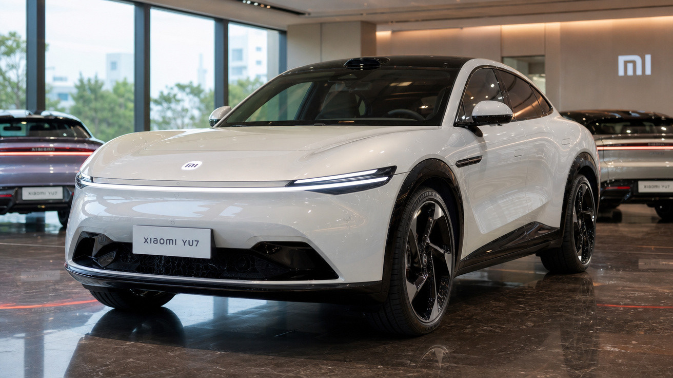 Carro elétrico branco Xiaomi YU7 em exposição num salão moderno com piso refletor.