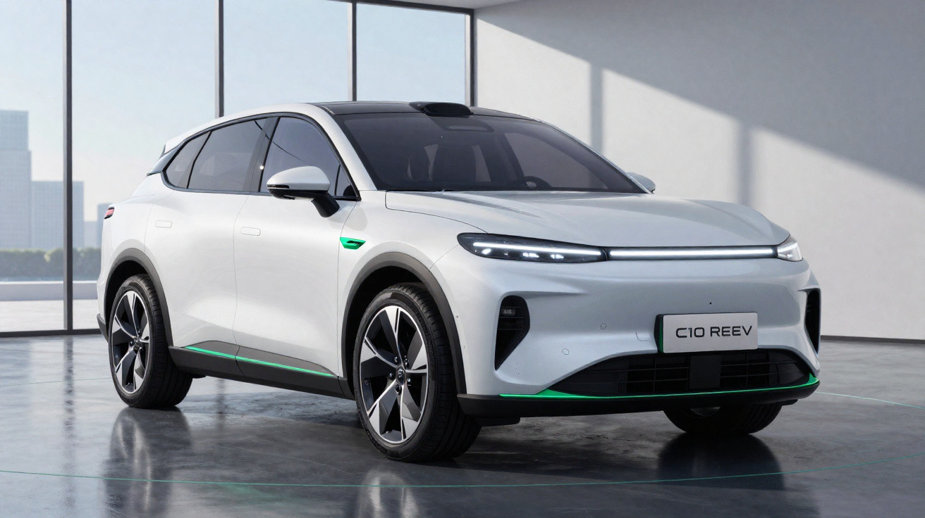 Carro elétrico branco modelo C10 REEV estacionado em interior luminoso com grandes janelas de vidro.