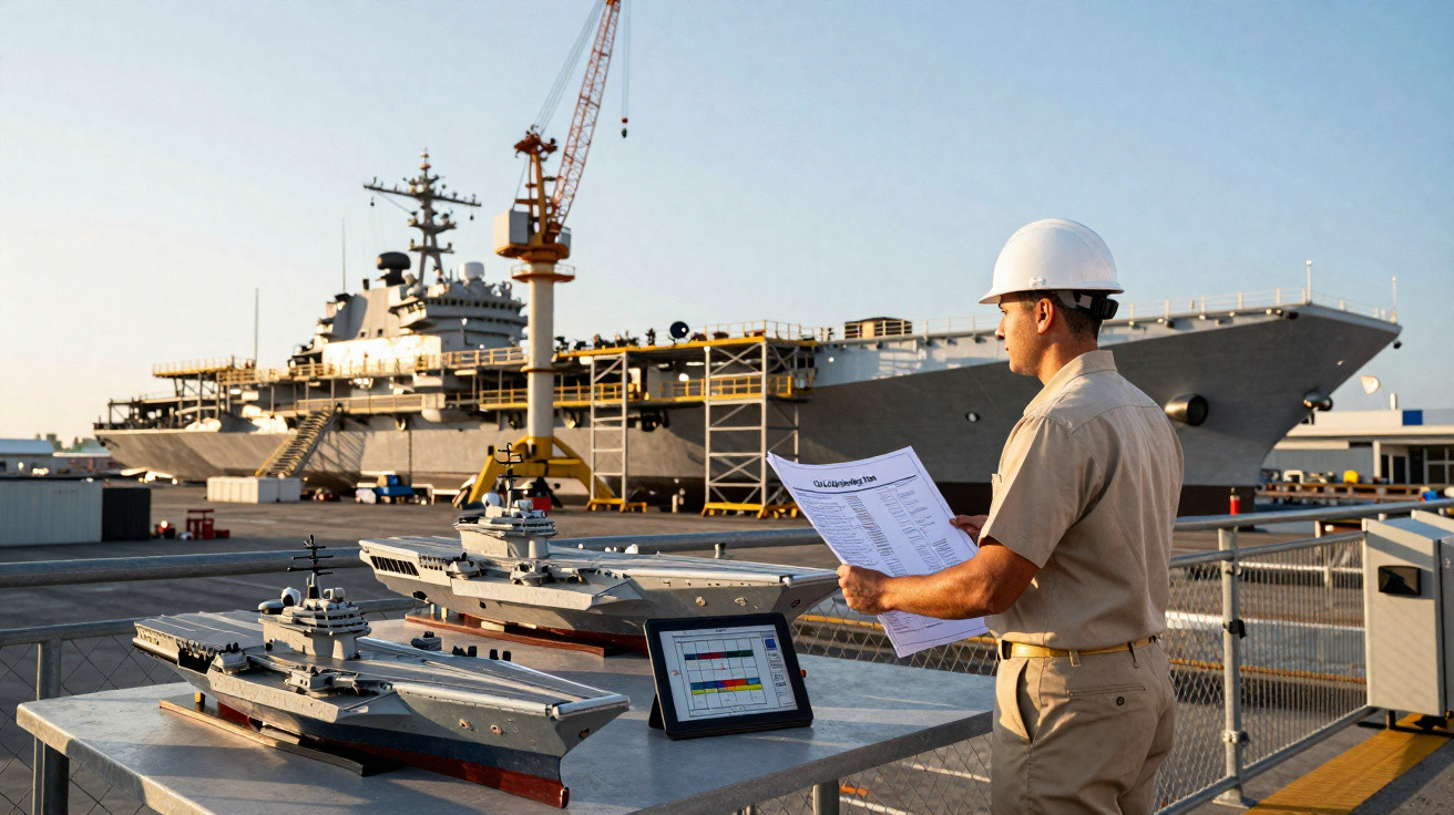 Homem com capacete branco analisa documentos perto de modelos de navios porta-aviões num estaleiro naval.