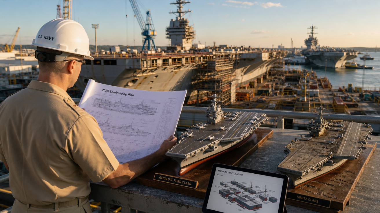 Homem da Marinha dos EUA com capacete lê planta junto a modelos de porta-aviões e estaleiro naval ao fundo.
