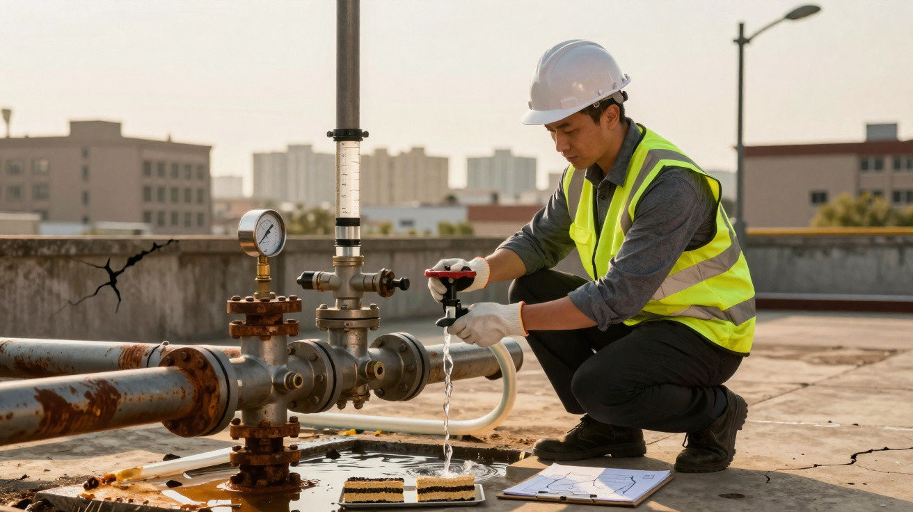 Técnico com colete e capacete a inspecionar e medir fluxo de água em tubagem industrial exterior.