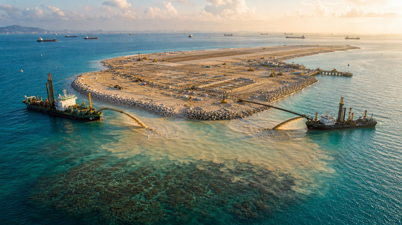 Ilha artificial em construção cercada por barcos que depositam material no mar durante o entardecer.