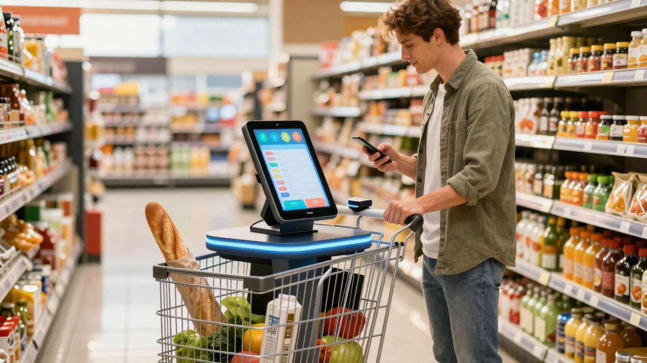 Homem a usar telemóvel junto a carrinho de compras com display digital num supermercado.