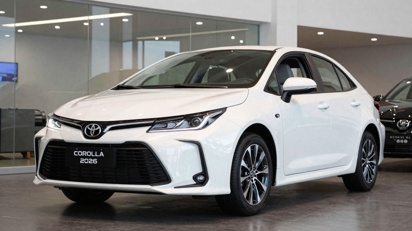 Carro branco Toyota Corolla 2026 estacionado no interior de concessionária moderna.