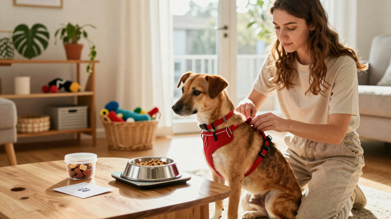 Mulher a colocar peitoral vermelho em cão junto a mesa de madeira com comida para cão.