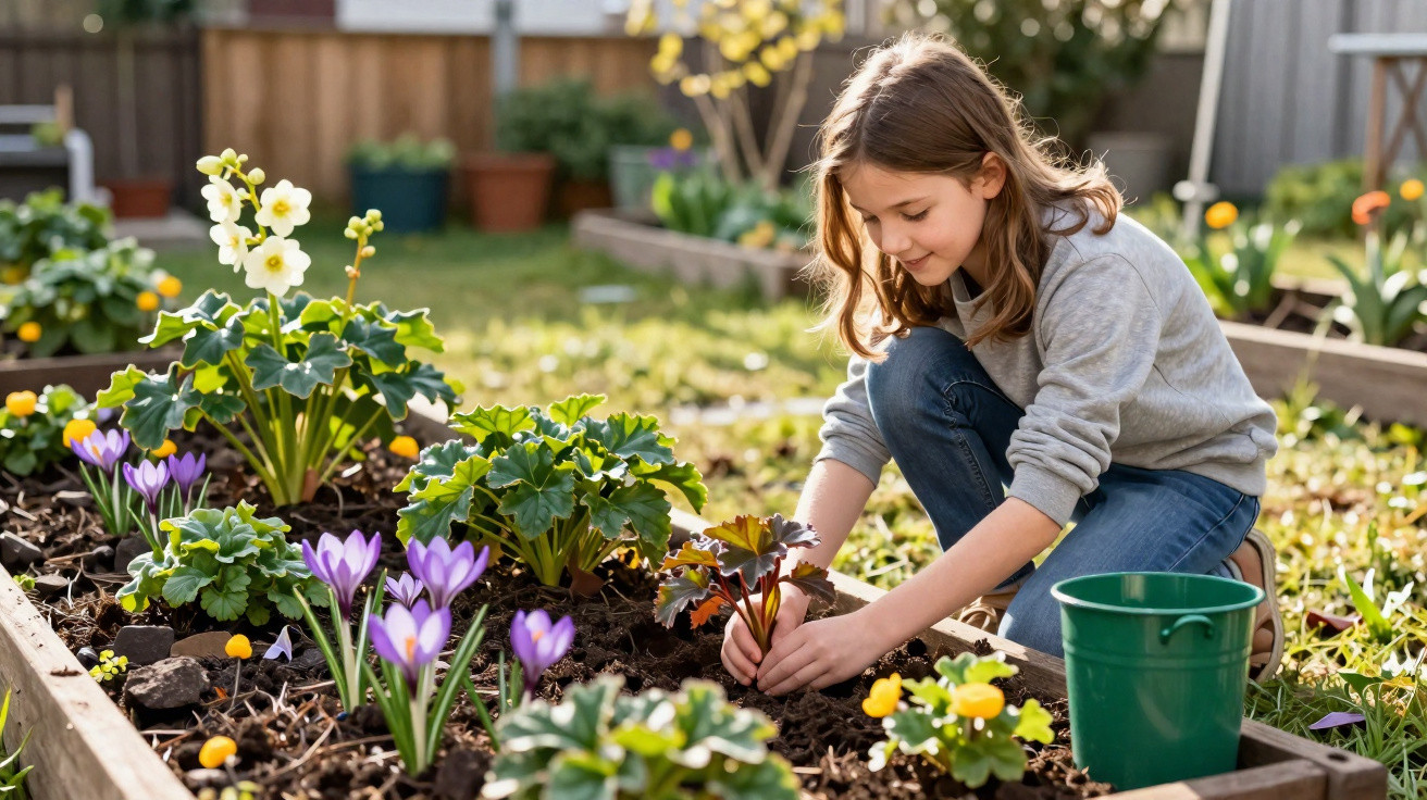 Menina a cuidar de plantas e flores num canteiro de jardim ao ar livre em dia ensolarado.