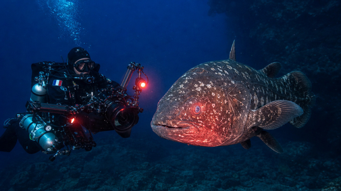 Mergulhador com equipamento a fotografar um grande peixe sob a água com iluminação vermelha.