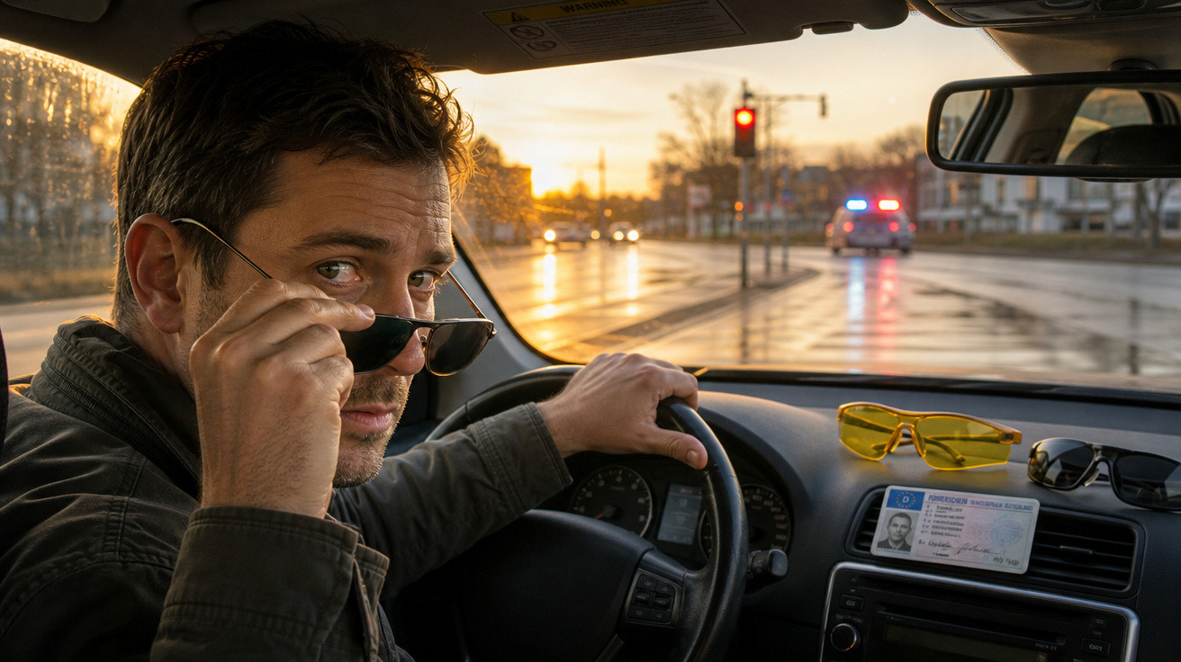 Homem ao volante de carro, a tirar os óculos escuros, com trânsito e farol vermelho ao fundo ao pôr do sol.