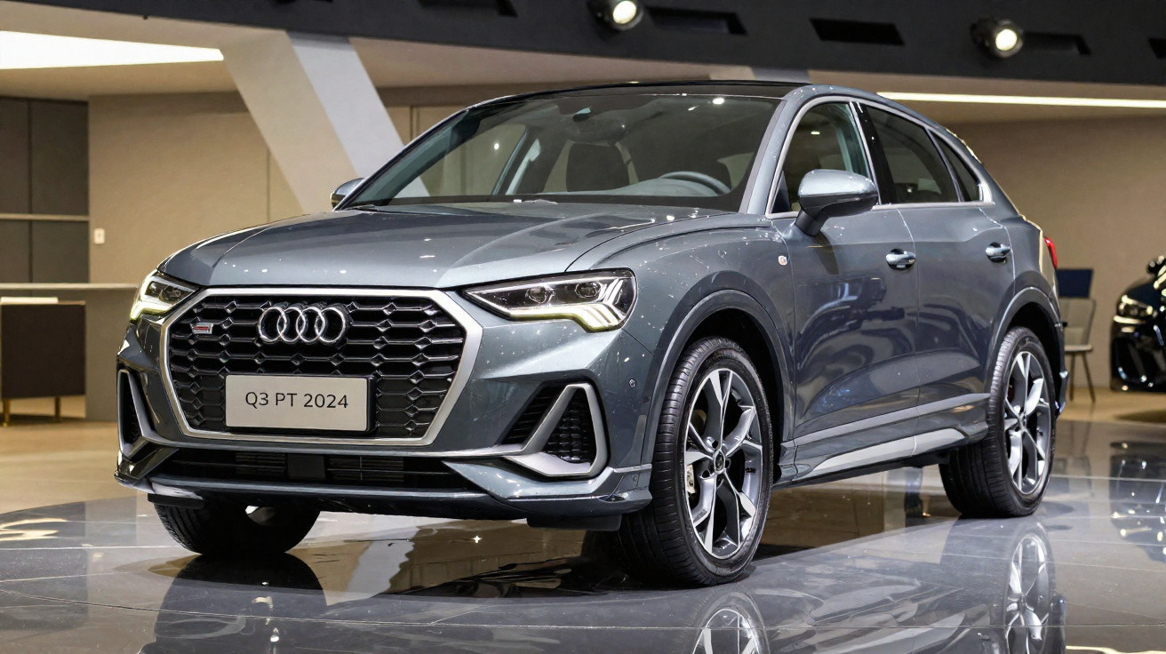 Audi Q3 2024 cinza brilhante, SUV exibido num salão automóvel, vista frontal ligeira a três quartos.