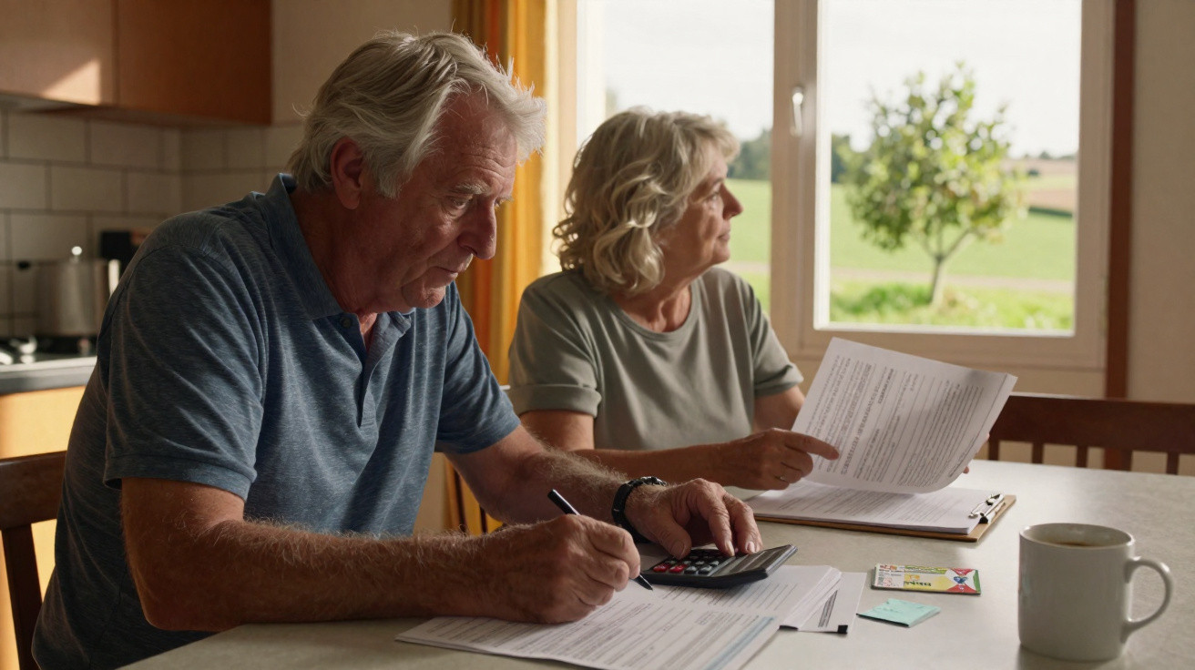 Casal sénior sentado à mesa da cozinha a analisar documentos e usar calculadora, com campo e árvore vista pela janela.