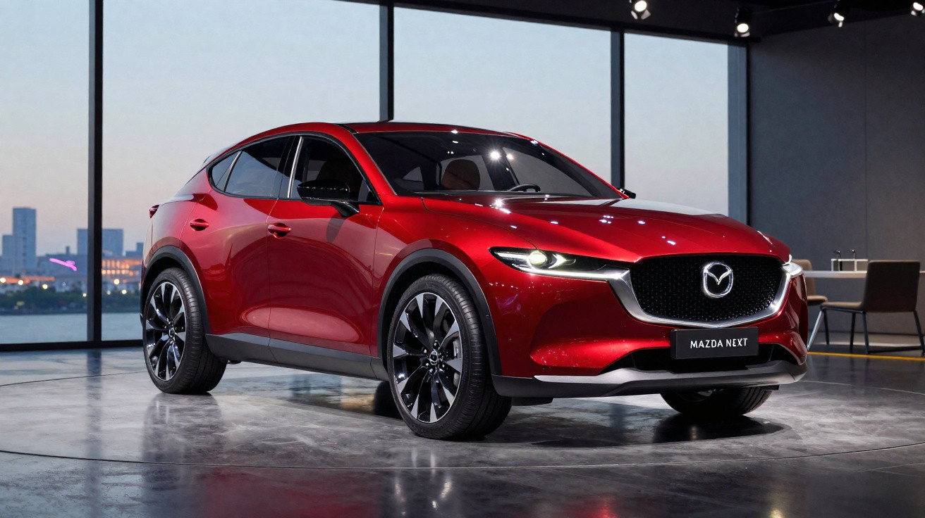 Carro vermelho Mazda Next estacionado em espaço interior moderno com janelas amplas e vista urbana.