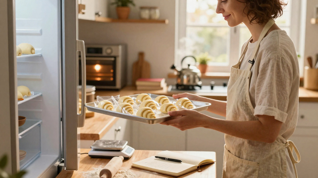 Mulher com avental a colocar tabuleiro com croissants no forno numa cozinha moderna e iluminada.