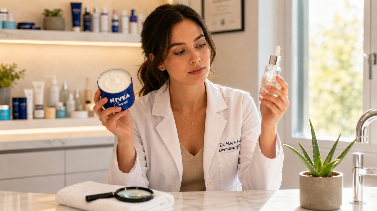 Dermatologista em consultório a segurar creme Nivea e frasco de sérum para pele.