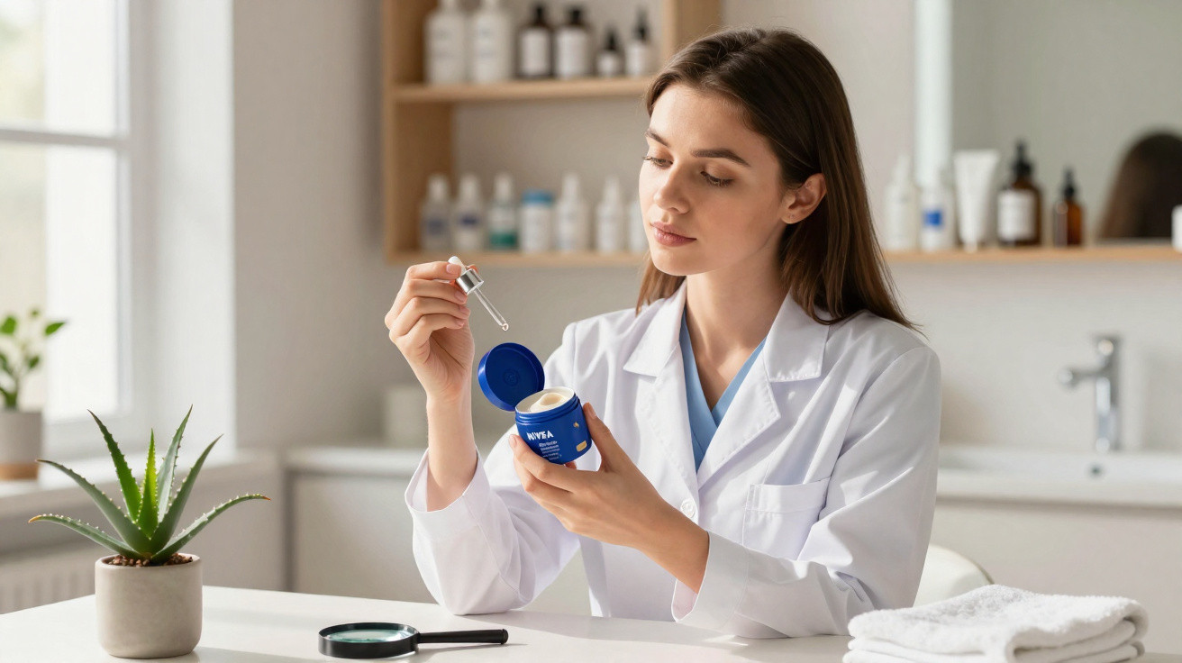 Mulher com bata branca prepara aplicação de creme Nivea usando conta-gotas num consultório.