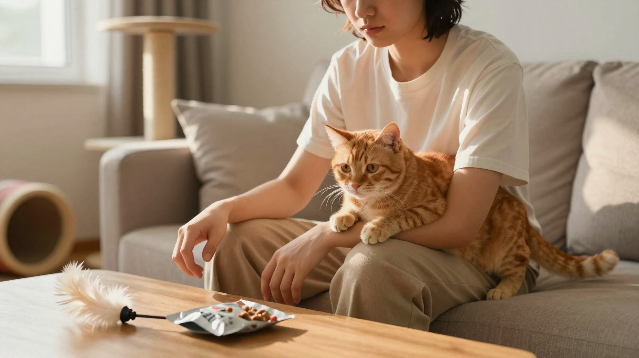 Pessoa sentada no sofá com um gato laranja no colo a olhar para um brinquedo na mesa.