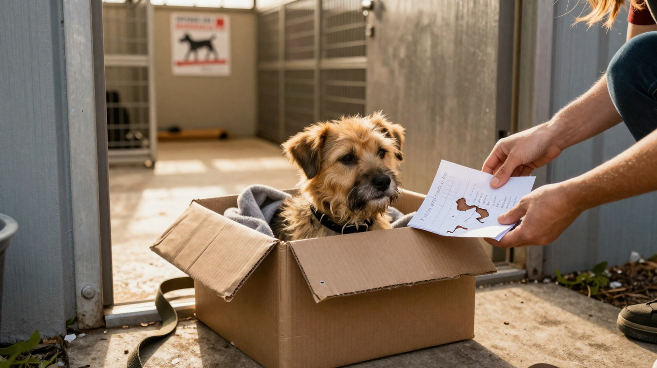 Cão castanho numa caixa de cartão num abrigo, enquanto uma pessoa lhe entrega um folheto.