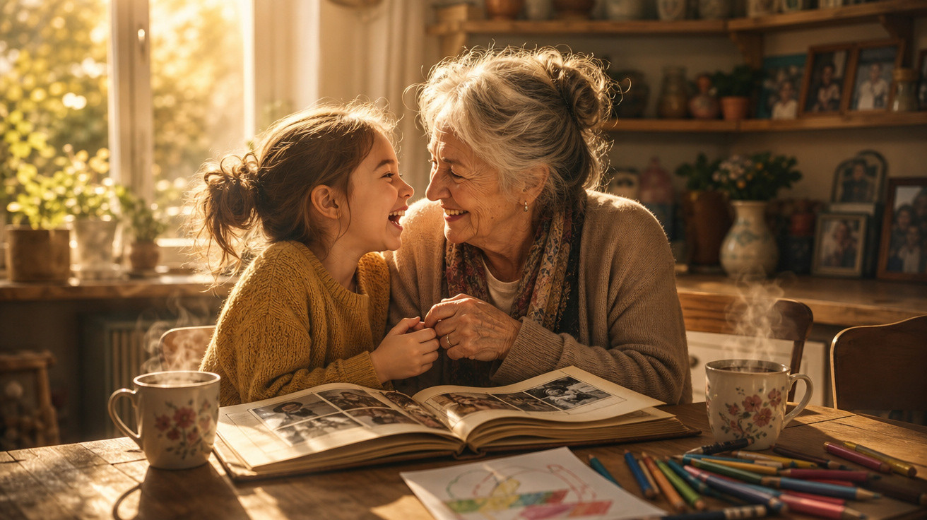 Avó e neta sorriem e partilham momentos felizes a olhar fotos num álbum numa cozinha acolhedora.
