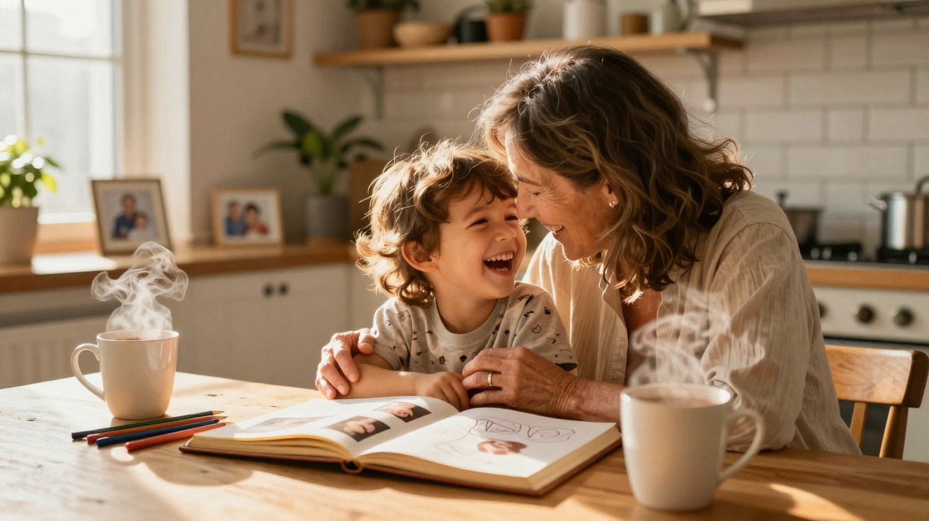 Avó e neto sorrindo juntos numa cozinha luminosa com chá quente e livro de fotos aberto.