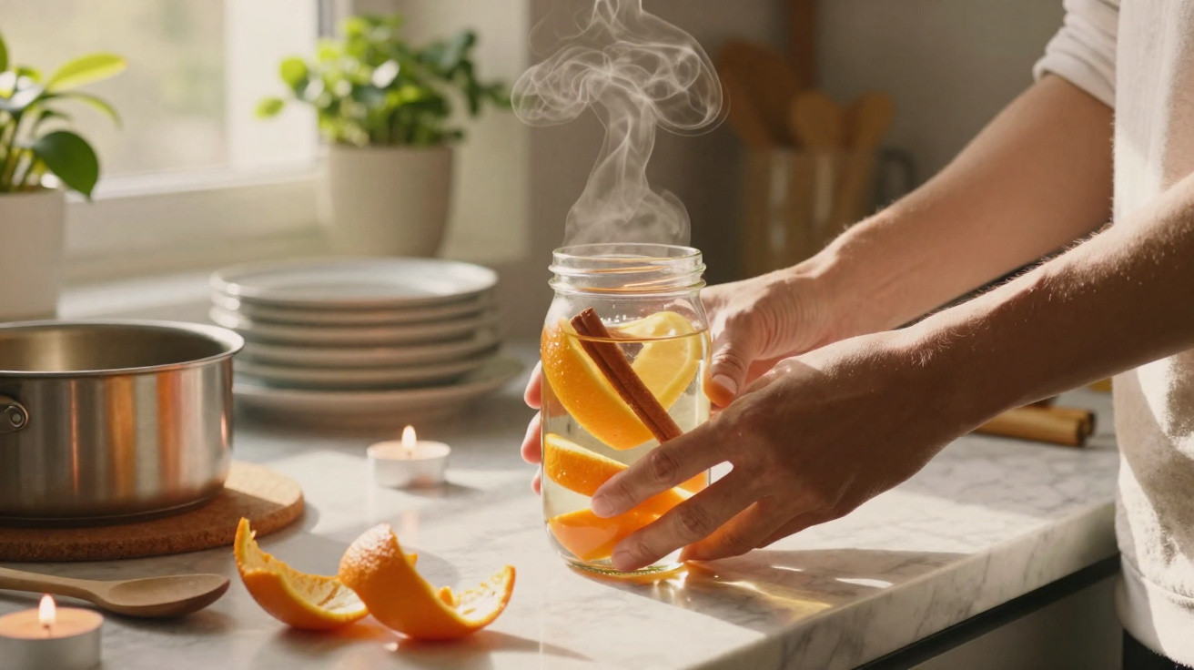 Mãos seguram um frasco com infusão quente de laranja e canela numa cozinha iluminada.