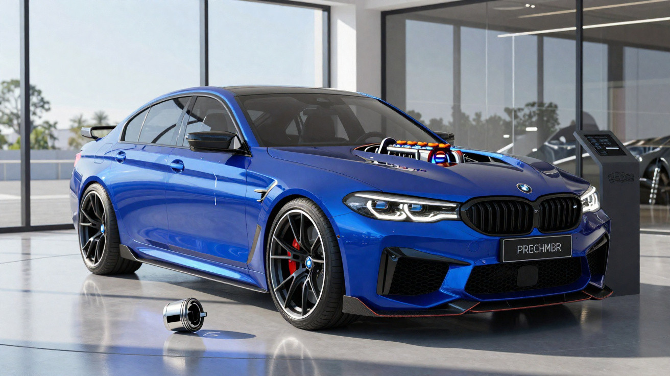 Carro desportivo azul BMW com motor exposto na capota estacionado dentro de uma garagem moderna.