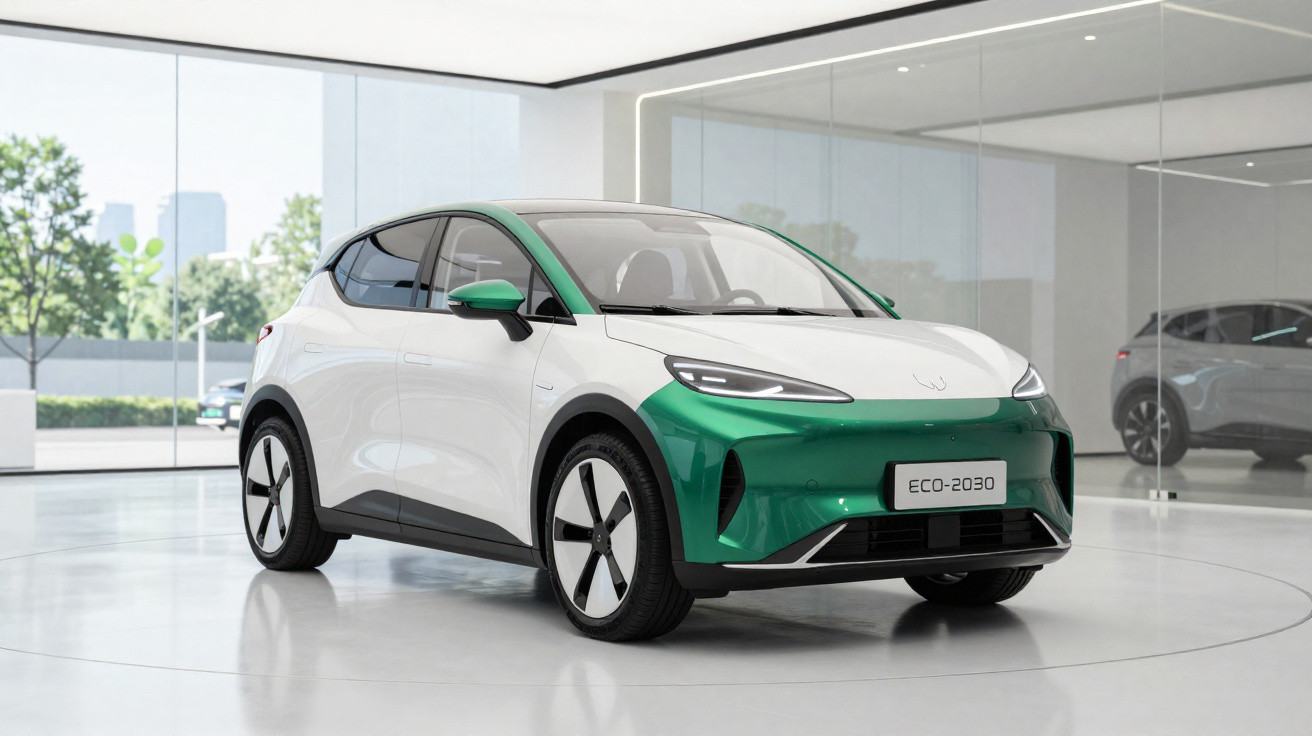 Carro elétrico ECO-2030 branco e verde em exposição numa sala moderna com paredes de vidro.