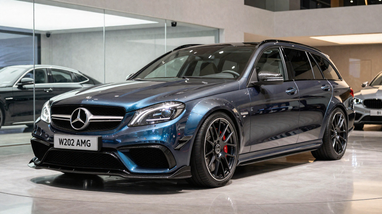 Carro Mercedes-Benz W202 AMG azul escuro estacionado em showroom moderno com piso cinza polido.