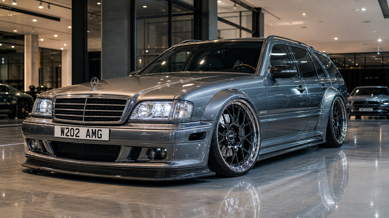 Carro Mercedes-Benz AMG W202 cinza metálico, exibindo detalhes modificados e rodas pretas, em showroom interior moderno.