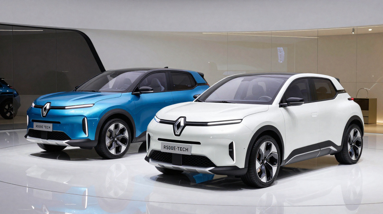 Dois automóveis elétricos modernos, um branco e um azul, expostos num salão de automóveis.