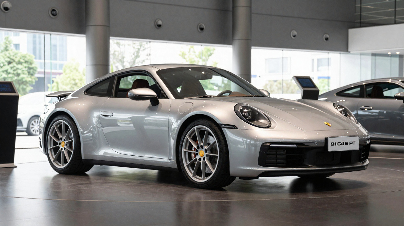 Carro desportivo Porsche 911 prateado estacionado em showroom moderno.