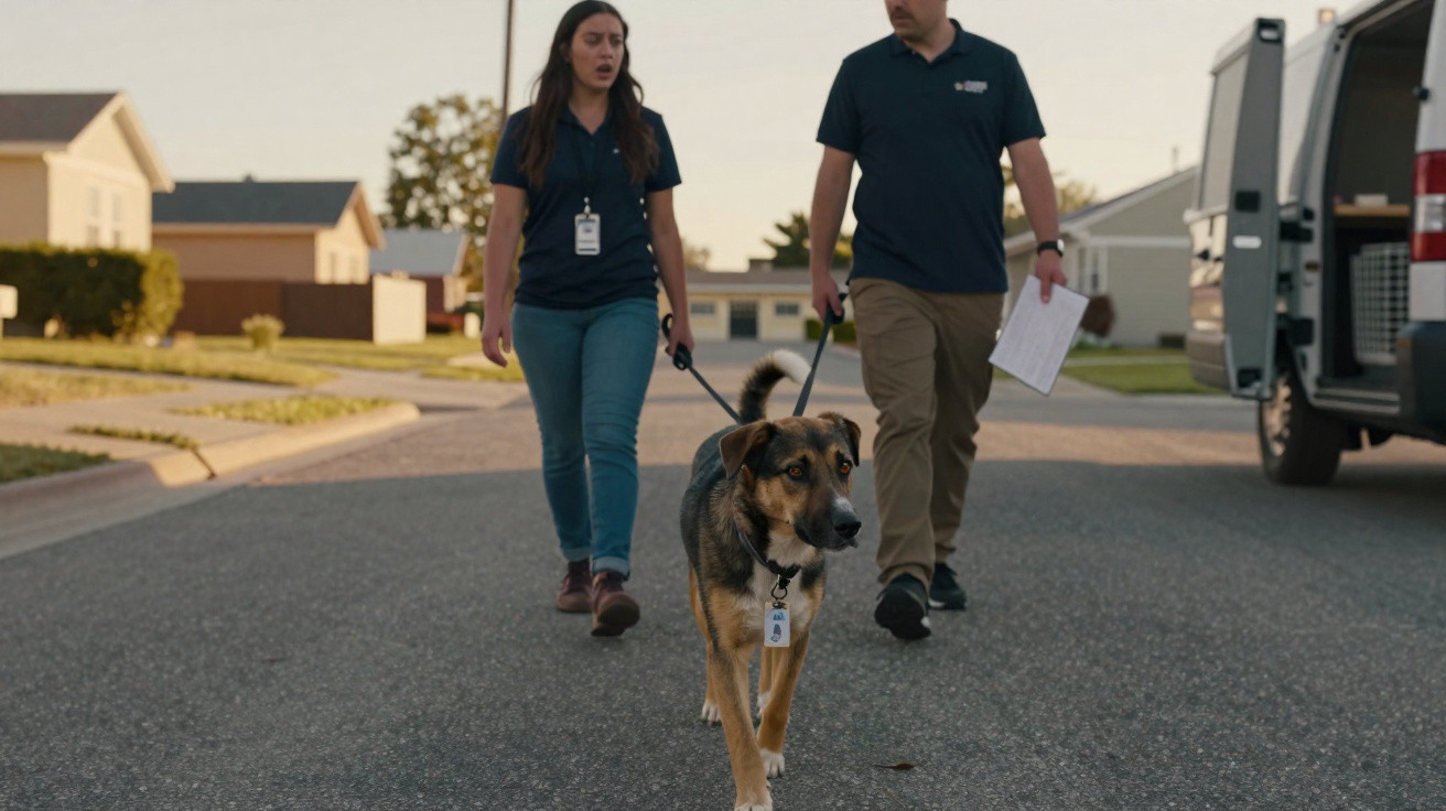 Duas pessoas caminham numa rua residencial com um cão de raça mista na trela ao final da tarde.