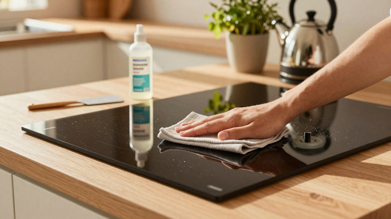 Mão a limpar placa de fogão preta com pano numa cozinha moderna, com frasco de spray e chaleira ao fundo.