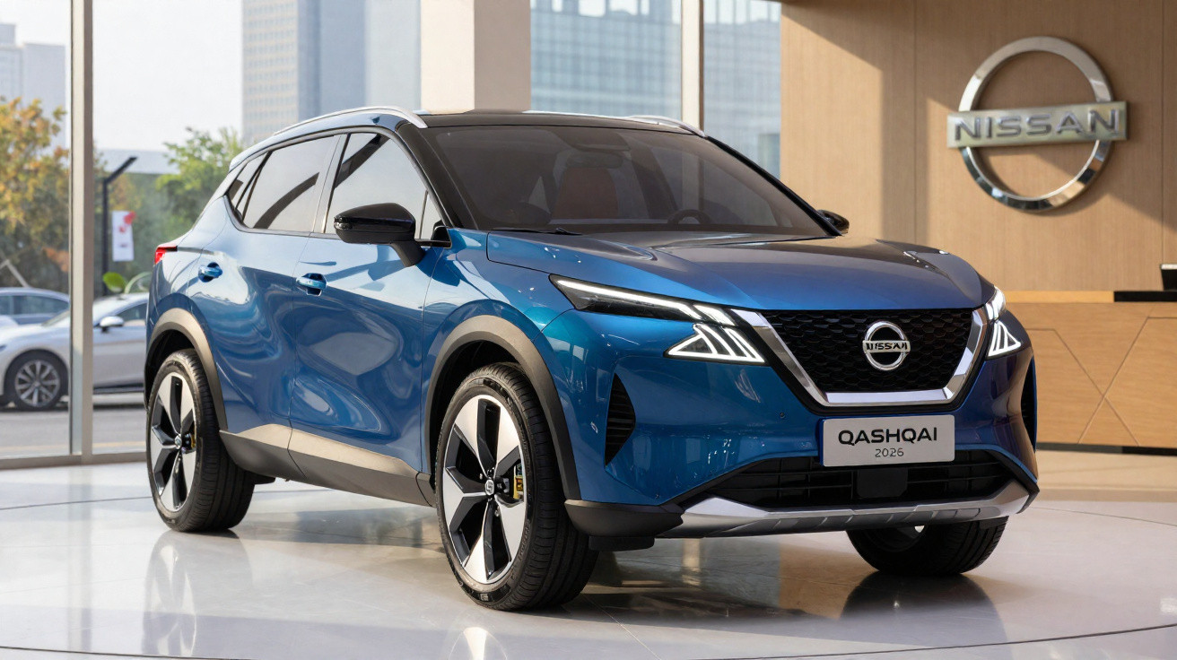 SUV Nissan Qashqai azul 2026 apresentado em stand moderno com fundo urbano e logótipo Nissan.