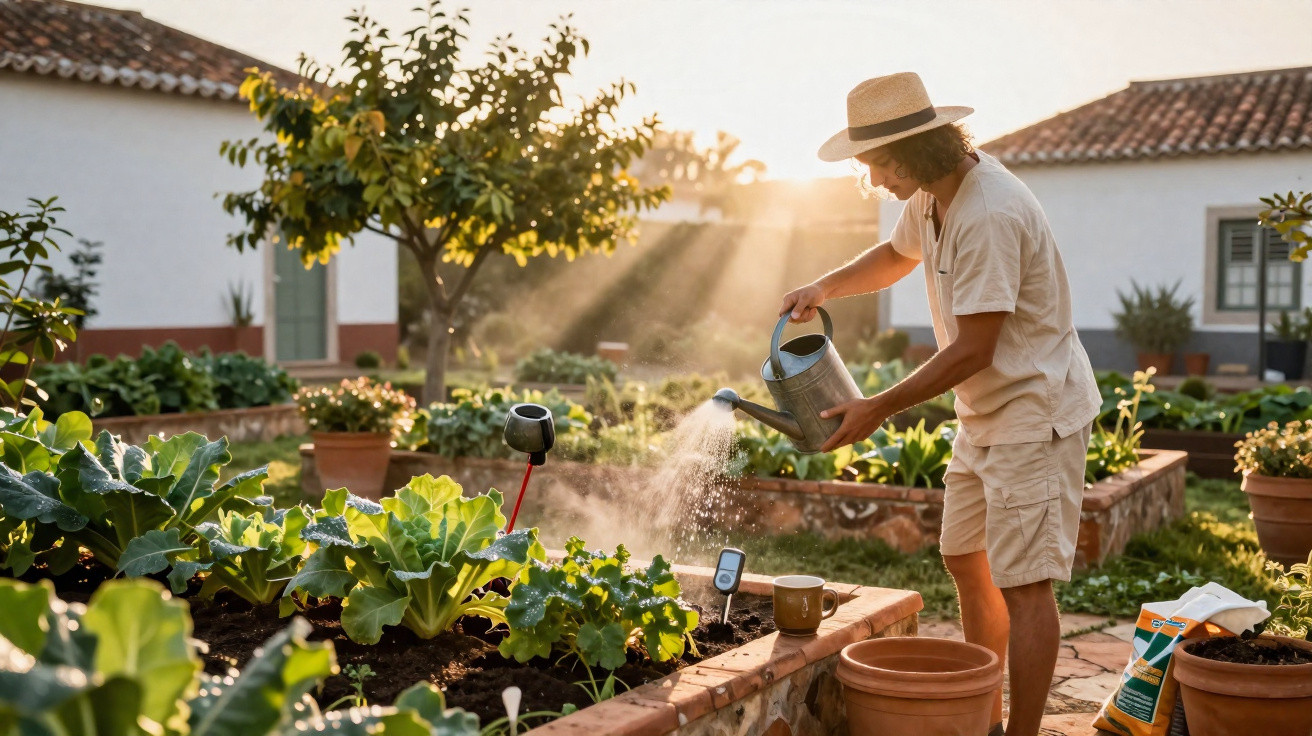 Homem com chapéu rega plantas numa horta com canteiros elevados ao entardecer.