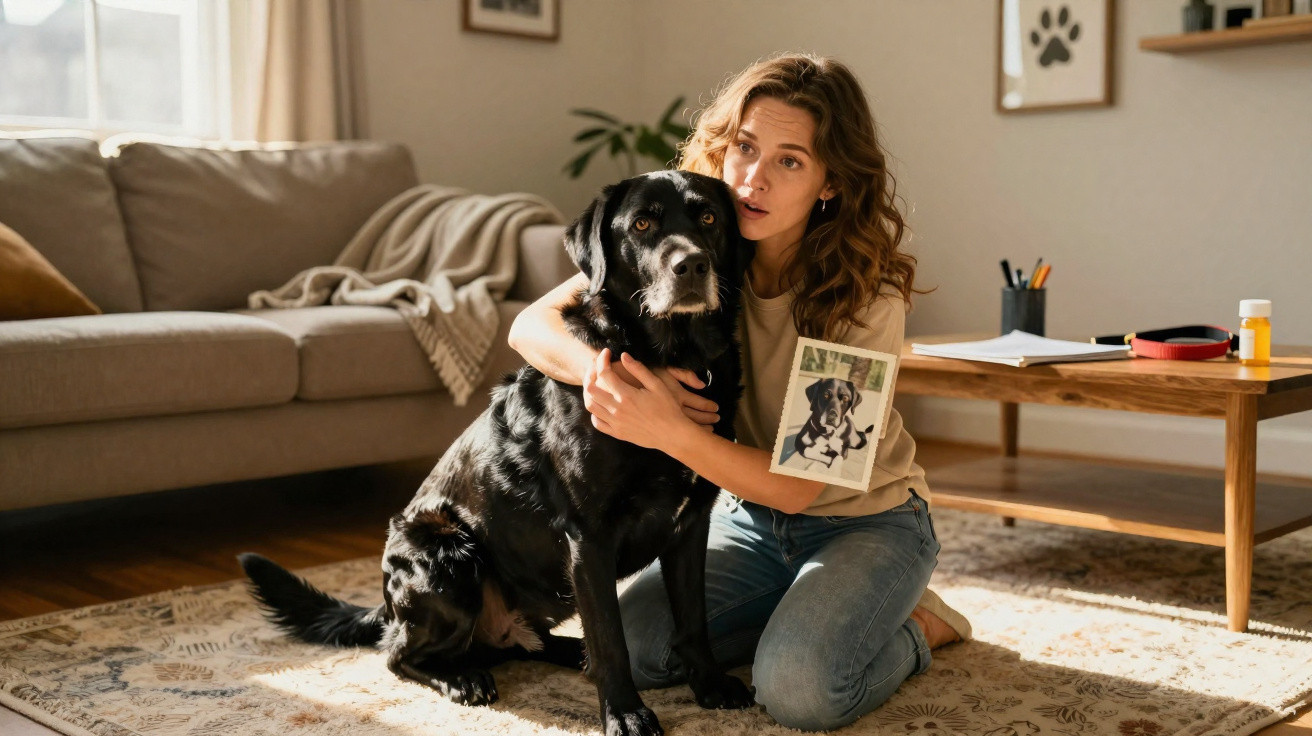 Mulher abraça cão preto em sala de estar, segurando foto do cão sentado no tapete.