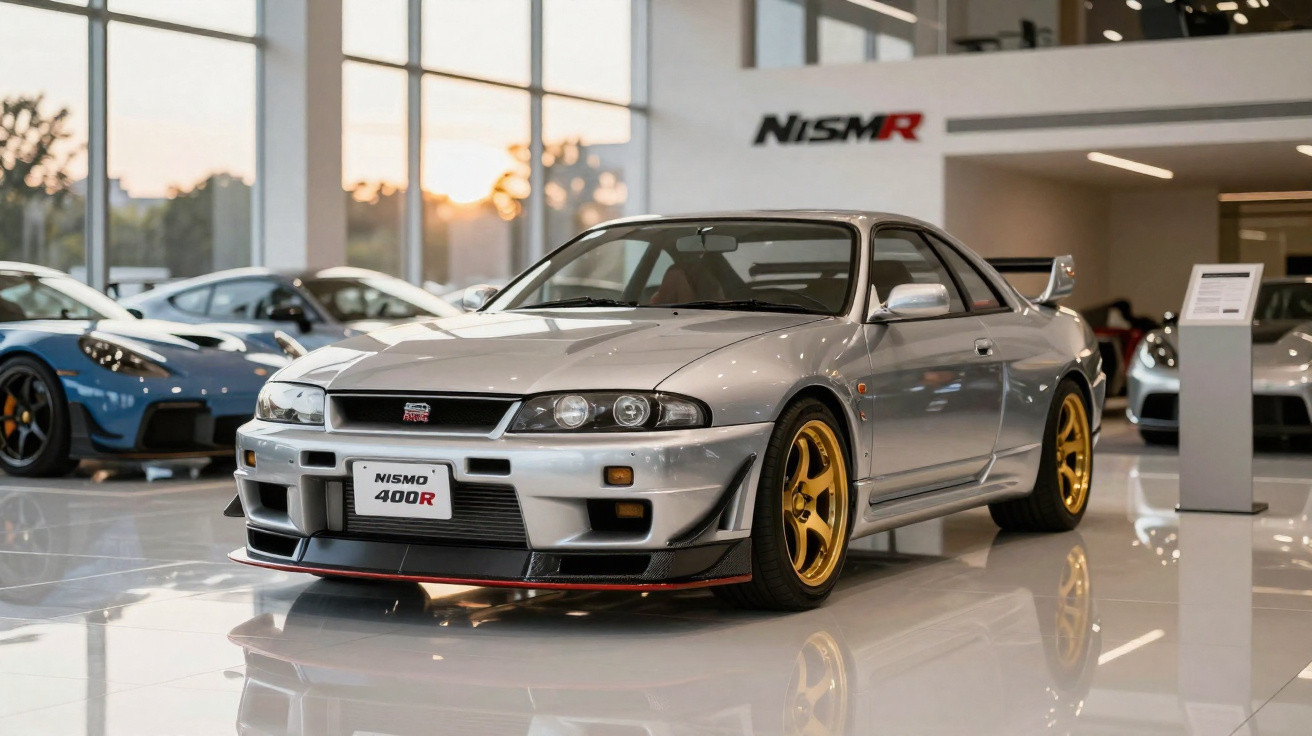 Carro de corrida Nissan Skyline Nismo 400R prata com rodas douradas numa exposição moderna.
