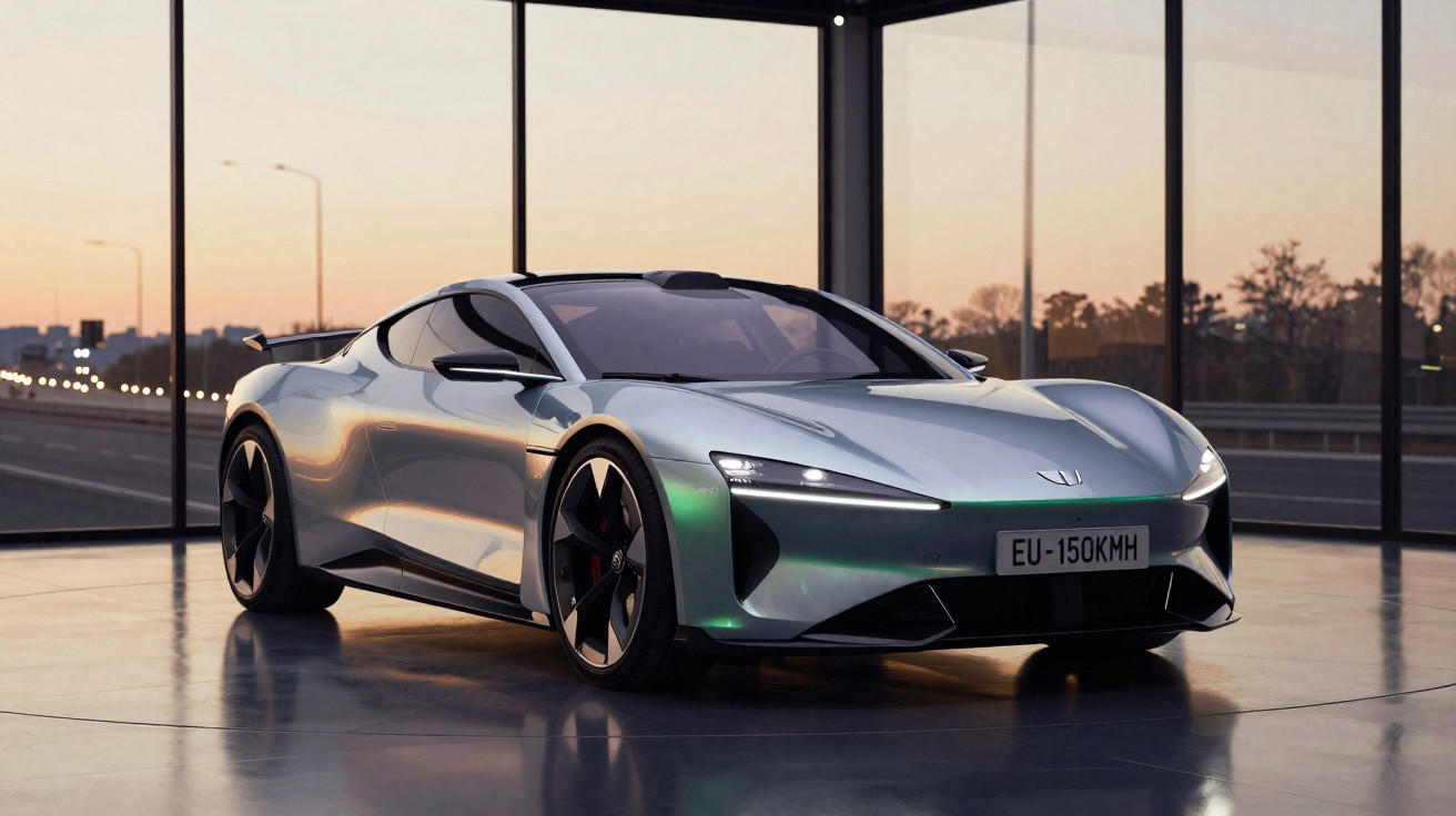 Carro desportivo elétrico prateado com linhas futuristas estacionado num espaço interior com parede de vidro ao pôr do sol.